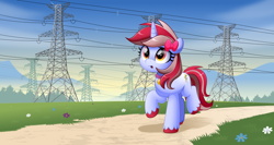 Size: 1502x800 | Tagged: safe, artist:jhayarr23, oc, oc only, oc:cinnamon lightning, pony, unicorn, bow, commission, eyelashes, female, flower, hair bow, mare, open mouth, power line, solo, walking