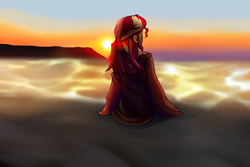 Size: 1800x1200 | Tagged: safe, artist:zeng_shuai_qi, sunset shimmer, human, equestria girls, g4, beach, clothes, evening, female, jacket, scenery, solo, sunset