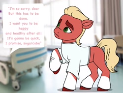 Size: 2706x2048 | Tagged: safe, artist:dancingkinfiend, derpibooru exclusive, sprout cloverleaf, earth pony, pony, g5, my little pony: a new generation, blonde, blonde hair, blonde mane, blonde tail, caption, coat markings, colored hooves, comic, conversation, doctor, frown, green eyes, high res, hooves, hospital, hospital gown, image macro, male, medical, needle, raised hoof, red fur, sad, scared, socks (coat markings), solo, speech, speech bubble, stallion, surgery, tail, talking, text, wavy hair, wavy mane, wavy tail