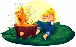 Size: 3489x2160 | Tagged: safe, artist:applephil, applejack, earth pony, human, pony, g4, barefoot, bucket, child, clothes, cute, duality, duo, eyes closed, feet, female, freckles, head shake, high res, human ponidox, humanized, jackabetes, mare, open mouth, overalls, pigtails, self paradox, self ponidox, shoulder freckles, simple background, wash bucket, wet, wet mane, white background, younger