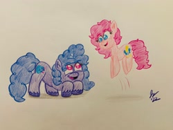 Size: 2048x1536 | Tagged: safe, artist:jesslmc16, izzy moonbow, pinkie pie, earth pony, pony, unicorn, g4, g5, alternate hairstyle, colored, colored pencil drawing, drawing, duo, duo female, female, izzy and her heroine, jumping, mane swap, smiling, the new pinkie pie, traditional art