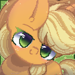Size: 2000x2000 | Tagged: safe, artist:miryelis, applejack, earth pony, pony, g4, big ears, big eyes, cute, hat, high res, jackabetes, looking at you, pixel art, simple background, smiling, smiling at you, solo, sparkles