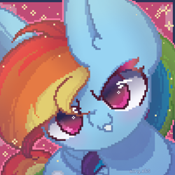 Size: 2000x2000 | Tagged: safe, artist:miryelis, rainbow dash, pegasus, pony, g4, big ears, big eyes, cute, high res, multicolored hair, pixel art, rainbow hair, simple background, solo, sparkles, wings