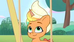 Size: 3410x1920 | Tagged: safe, screencap, peach fizz, pony, unicorn, g5, my little pony: tell your tale, pippsqueaks forever, spoiler:g5, spoiler:my little pony: tell your tale, spoiler:tyts01e28, alternate hairstyle, female, filly, foal, high res, pippsqueaks, smiling, solo, swing, swing set, youtube link