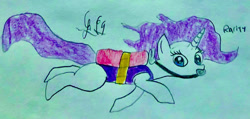 Size: 1280x609 | Tagged: safe, artist:lugialover249, rarity, pony, unicorn, g4, air tank, clothes, female, one-piece swimsuit, scuba diving, scuba gear, solo, swimming, swimsuit, traditional art, underwater, water