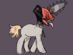 Size: 4000x3000 | Tagged: safe, alternate version, artist:sleepymist, pony, unicorn, anime, chainsaw, chainsaw man, colored sketch, denji, ponified, rough sketch, simple background, solo, tongue out
