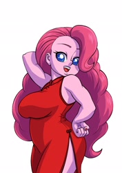 Size: 1448x2048 | Tagged: safe, artist:brother-tico, pinkie pie, human, equestria girls, g4, arm behind head, big breasts, breasts, busty pinkie pie, cheongsam, chinese dress, clothes, dress, female, open mouth, open smile, sexy, side slit, simple background, smiling, solo, stupid sexy pinkie, total sideslit, white background