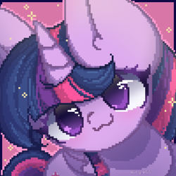 Size: 2000x2000 | Tagged: safe, artist:miryelis, twilight sparkle, alicorn, pony, :3, big ears, big eyes, blushing, colored pupils, cute, horn, looking at you, pink background, pixel art, simple background, smiling, smiling at you, solo, sparkles, twiabetes, twilight sparkle (alicorn), wings