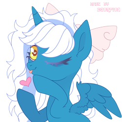 Size: 3100x3100 | Tagged: safe, artist:spotenyx, oc, oc:fleurbelle, alicorn, pony, :p, alicorn oc, bow, female, hair bow, heart, heart eyes, high res, hoof heart, horn, mare, one eye closed, simple background, solo, tongue out, transparent background, wingding eyes, wings, wink