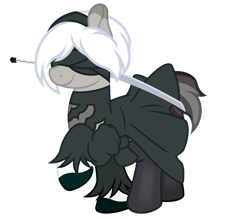 Size: 3200x2800 | Tagged: safe, artist:ponkus, oc, oc only, oc:rocky karst, hybrid, kirin, pony, 2b, blindfold, clothes, cosplay, costume, dress, female, hairband, halloween, halloween costume, high res, mare, nier: automata, simple background, smiling, socks, solo, sword, transparent background, weapon, wig