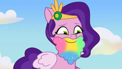 Size: 3410x1920 | Tagged: safe, screencap, pipp petals, pegasus, pony, g5, my little pony: tell your tale, pippsqueaks forever, spoiler:g5, spoiler:my little pony: tell your tale, spoiler:tyts01e28, beard, facial hair, female, high res, mare, smiling, solo, youtube link