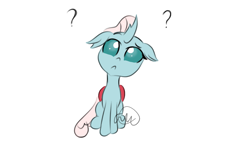 Size: 1735x1000 | Tagged: safe, artist:girlduog, ocellus, changeling, g4, confused, cute, diaocelles, female, floppy ears, front view, head tilt, question mark, raised eyebrow, simple background, sitting, solo, watermark, white background