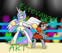 Size: 964x829 | Tagged: safe, artist:estevangel, princess celestia, oc, oc:dusk strike, alicorn, pegasus, pony, g4, bipedal, boxing, boxing gloves, boxing ring, clothes, female, hooves, sports