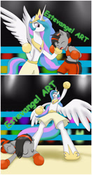 Size: 1280x2450 | Tagged: safe, artist:estevangel, princess celestia, oc, oc:dusk strike, alicorn, pegasus, pony, g4, bipedal, boxing, boxing gloves, boxing ring, clothes, female, knocked out, sports