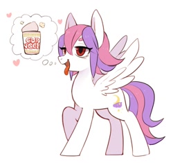 Size: 950x894 | Tagged: safe, artist:hosikawa, oc, oc only, pegasus, pony, cup noodles, heart, open mouth, pegasus oc, raised hoof, simple background, spread wings, thought bubble, tongue out, white background, wings