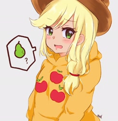 Size: 2008x2048 | Tagged: safe, artist:moh_mlp2, applejack, human, g4, applejack's hat, clothes, cowboy hat, cute, cutie mark on clothes, female, food, hat, high res, hoodie, humanized, jackabetes, jacket, looking at you, mare, open mouth, pear, question mark, simple background, solo, speech bubble, white background