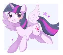 Size: 1722x1500 | Tagged: safe, artist:ginmaruxx, twilight sparkle, alicorn, pony, g4, abstract background, blushing, cute, female, horn, looking at you, mare, simple background, smiling, smiling at you, solo, spread wings, stars, twiabetes, twilight sparkle (alicorn), white background, wings