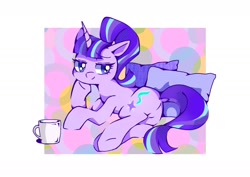 Size: 1754x1240 | Tagged: safe, artist:stacy_165cut, starlight glimmer, pony, unicorn, g4, abstract background, butt, cup, cute, dock, female, glimmerbetes, horn, lidded eyes, looking at you, lying down, mare, on side, pillow, plot, s5 starlight, simple background, solo, tail, underhoof, white background