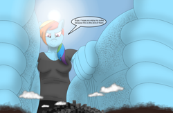 Size: 3362x2187 | Tagged: safe, artist:az12lol, rainbow dash, pegasus, anthro, plantigrade anthro, g4, barefoot, barefooting, crush fetish, crushing, dirt, dirty, dirty feet, feet, female, fetish, foot fetish, foot focus, giant rainbow dash, giantess, goddess, high res, macro, mega giant, soles, solo, toes