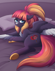 Size: 1776x2277 | Tagged: safe, artist:alunedoodle, oc, oc:sunrise virtue, pegasus, pony, bed, bedroom eyes, butt, coat markings, commission, countershading, facial markings, female, mare, on bed, pegasus oc, plot, snip (coat marking), solo, ych result