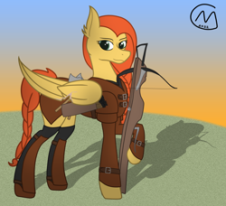 Size: 2472x2256 | Tagged: safe, artist:maître cervidé, oc, oc:flame fever, pegasus, pony, armor, axe, braid, crossbow, high res, leather, leather armor, long mane, scar, tail, weapon, wings