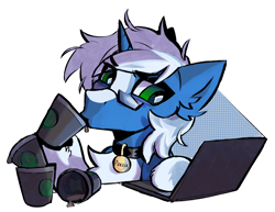 Size: 3138x2420 | Tagged: safe, artist:kotya, oc, oc only, oc:passi deeper, pony, unicorn, bust, coat markings, coffee, coffee cup, collar, computer, cup, drink, eyebrows, eyebrows visible through hair, glasses, glowing, green eyes, high res, horn, laptop computer, looking at something, male, pet play, pet tag, pony pet, portrait, simple background, socks (coat markings), solo, stallion, transparent background, unicorn oc