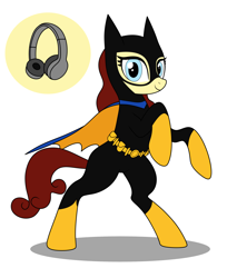 Size: 2160x2650 | Tagged: safe, artist:metal-jacket444, earth pony, pony, barbara gordon, batgirl, batman, clothes, cutie mark, dc comics, headphones, high res, male, mask, ponified, simple background, solo, staff, white background