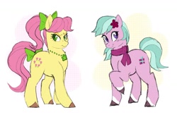 Size: 1427x947 | Tagged: safe, artist:saddleup4love, dahlia, posey bloom, earth pony, pony, g5, my little pony: make your mark, adoraposey, adordahlia, bow, clothes, cute, duo, female, flower, flower in hair, grumpy, hair bow, jewelry, mare, necklace, ponytail, raised hoof, scarf, smiling, tail, tail bow