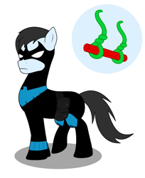 Size: 2160x2650 | Tagged: safe, artist:metal-jacket444, earth pony, pony, batman, clothes, cutie mark, dc comics, dick grayson, high res, male, mask, nightwing, ponified, simple background, solo, staff, swing, trapeze, white background