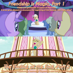 Size: 1920x1920 | Tagged: safe, edit, edited screencap, editor:itsmgh1203, screencap, amethyst star, dizzy twister, mayor mare, mjölna, oakey doke, orange swirl, sparkler, earth pony, pony, unicorn, friendship is magic, g4, season 1, season 9, the ending of the end, eyes closed, female, male, mare, open mouth, open smile, ponyville town hall, smiling, stallion, text
