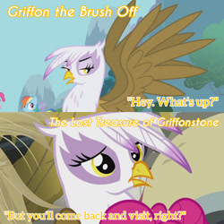 Size: 1920x1920 | Tagged: safe, edit, edited screencap, editor:itsmgh1203, screencap, gilda, pinkie pie, rainbow dash, earth pony, griffon, pegasus, pony, g4, griffon the brush off, season 1, season 5, the lost treasure of griffonstone, female, mare, spread wings, text, trio, trio female, wings