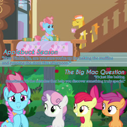 Size: 1920x1920 | Tagged: safe, edit, edited screencap, editor:itsmgh1203, screencap, apple bloom, carrot cake, cup cake, scootaloo, sweetie belle, earth pony, pegasus, pony, unicorn, applebuck season, g4, season 1, season 9, the big mac question, apple bloom's bow, bow, cutie mark crusaders, eyes closed, female, filly, foal, grin, hair bow, male, mare, mouth hold, open mouth, open smile, smiling, stallion, sugarcube corner, text