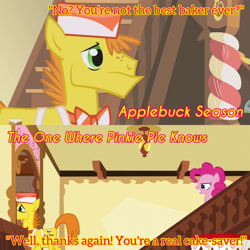 Size: 1920x1920 | Tagged: safe, edit, edited screencap, editor:itsmgh1203, screencap, carrot cake, pinkie pie, earth pony, pony, applebuck season, g4, season 1, season 5, the one where pinkie pie knows, duo, duo male and female, female, grin, male, mare, smiling, stallion, sugarcube corner, text