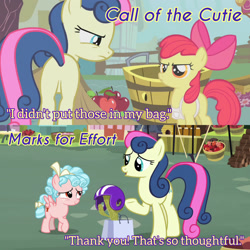 Size: 1920x1920 | Tagged: safe, edit, edited screencap, editor:itsmgh1203, screencap, apple bloom, bon bon, cozy glow, sweetie drops, earth pony, pegasus, pony, call of the cutie, g4, marks for effort, season 1, season 8, :o, apple, apple bloom's bow, bow, bucket, butt, cactus, female, filly, foal, food, hair bow, helmet, i didn't put those in my bag, mare, open mouth, plot, smiling, text, trio, trio female