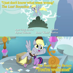Size: 1920x1920 | Tagged: safe, edit, edited screencap, editor:itsmgh1203, screencap, derpy hooves, spike, twilight sparkle, alicorn, dragon, pegasus, pony, g4, season 2, season 9, the last roundup, the point of no return, box, butt, cloud, female, flying, male, mare, open mouth, open smile, school of friendship, smiling, spread wings, text, twibutt, twilight sparkle (alicorn), winged spike, wings