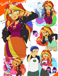 Size: 1851x2408 | Tagged: safe, artist:ameame_trine, flash sentry, pinkie pie, sci-twi, sunset shimmer, trixie, twilight sparkle, human, equestria girls, equestria girls series, forgotten friendship, g4, my little pony equestria girls, my little pony equestria girls: friendship games, my little pony equestria girls: legend of everfree, sunset's backstage pass!, spoiler:eqg series (season 2), arms in the air, choker, clothes, cravat, geode of empathy, geode of sugar bombs, hands in the air, hoodie, jacket, leather, leather jacket, legs, lipstick, magical geodes, nail polish, one eye closed, sad, shirt, shorts, skirt, sleeveless, sleeveless shirt, speech bubble, sweat, sweatdrop, t-shirt, teary eyes, wink