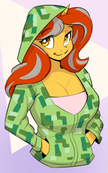 Size: 663x1061 | Tagged: safe, artist:ahobobo, oc, oc:cinderheart, unicorn, anthro, anthro oc, big breasts, breasts, busty oc, cleavage, clothes, creeper, female, hand in pocket, hoodie, horn, long mane, looking at you, mare, minecraft, simple background, solo, unicorn oc, waist up
