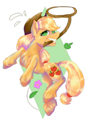 Size: 1754x2480 | Tagged: safe, artist:dankpegasista, applejack, earth pony, pony, g4, apple, dynamic pose, element of honesty, flower, food, geometry, hat, lasso, leaf, mouth hold, multicolored hair, rope, simple background, solo, tied hair, transparent background