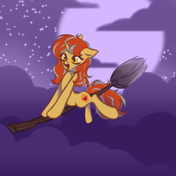 Size: 4000x4000 | Tagged: safe, artist:chukcha, oc, oc only, oc:cinderheart, pony, broom, cloud, commission, female, flying, flying broomstick, mare, moon, skinny, sky, smiling, solo, stars, thin, witch, ych result