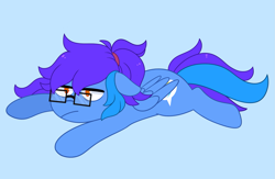 Size: 1783x1166 | Tagged: safe, artist:emera33, oc, oc only, oc:angley, pegasus, pony, commission, female, glasses, hair tie, lying down, mare, ponytail, potat, prone, simple background, solo, sploot, tired, ych result