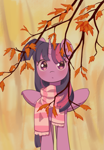 Size: 1365x1964 | Tagged: safe, artist:cherrnichka, twilight sparkle, alicorn, pony, autumn, clothes, female, leaves, looking at you, mare, scarf, solo, striped scarf, tree, twilight sparkle (alicorn)