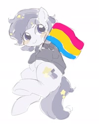 Size: 1640x2048 | Tagged: safe, artist:ginmaruxx, oc, oc only, earth pony, pony, blushing, clothes, flag, looking at you, pansexual pride flag, pride, pride flag, simple background, solo, underhoof, white background