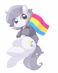 Size: 1640x2048 | Tagged: safe, artist:ginmaruxx, oc, oc only, earth pony, pony, blushing, clothes, eye clipping through hair, flag, looking at you, pansexual pride flag, pride, pride flag, simple background, solo, underhoof, white background