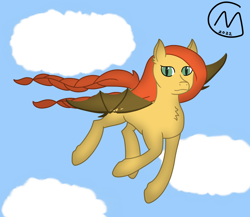 Size: 3200x2777 | Tagged: safe, artist:maître cervidé, oc, oc:flame ferver, bat pony, cloud, flying, high res, long mane, scar, sky, solo, tail