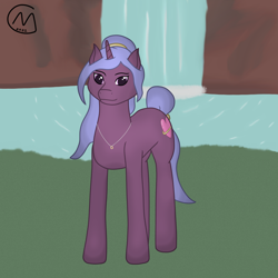 Size: 3200x3200 | Tagged: safe, artist:maître cervidé, oc, pony, unicorn, cliff, collar, high res, lake, solo, water, waterfall