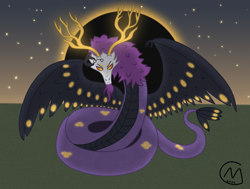 Size: 4237x3200 | Tagged: safe, artist:maître cervidé, oc, oc:librarian, original species, snake, antlers, chaos, creature, eclipse, feather, male, night, wings