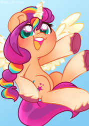 Size: 2551x3579 | Tagged: safe, artist:ninnydraws, sunny starscout, alicorn, pony, g5, artificial horn, artificial wings, augmented, blushing, cute, female, flying, heart, heart eyes, high res, horn, looking at you, magic, magic horn, magic wings, mane stripe sunny, mare, open mouth, race swap, simple background, solo, sunnybetes, sunnycorn, wingding eyes, wings