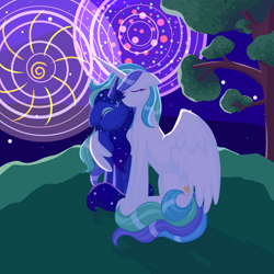 Size: 2022x2022 | Tagged: safe, artist:lindasaurie, princess celestia, princess luna, alicorn, pony, g4, duo, duo female, ethereal mane, eye clipping through hair, female, fireworks, high res, hug, night, night sky, redesign, retirement, royal sisters, sibling love, siblings, sisterly love, sisters, sky, winghug, wings