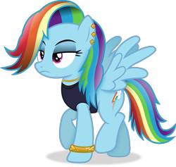Size: 3892x3695 | Tagged: safe, artist:anime-equestria, rainbow dash, pegasus, pony, g4, alternate hairstyle, bracelet, clothes, ear piercing, earring, female, high res, jewelry, lidded eyes, mare, necklace, piercing, rainbow dash always dresses in style, simple background, solo, transparent background, vector, wings