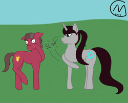 Size: 3990x3200 | Tagged: safe, artist:maître cervidé, oc, oc only, oc:luninary divine, oc:mighty ire, earth pony, pony, unicorn, duo, female, high res, male, slap